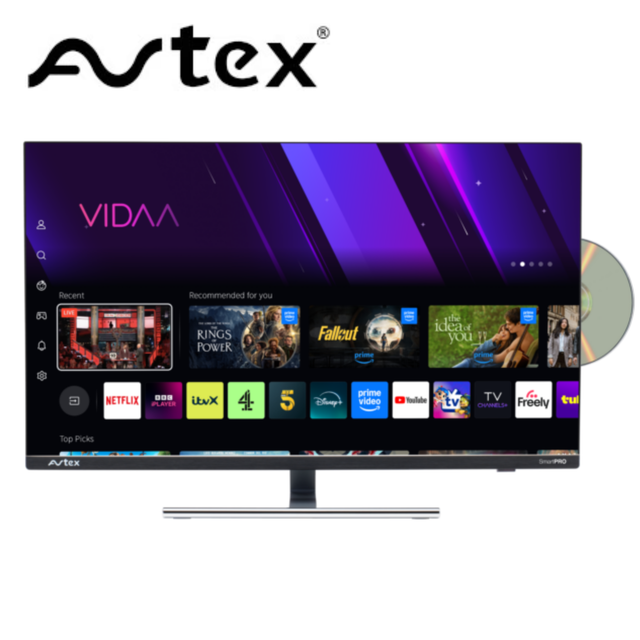 Avtex 24-inch SmartPRO Freely FHD TV with DVD player, front view showing screen and control panel