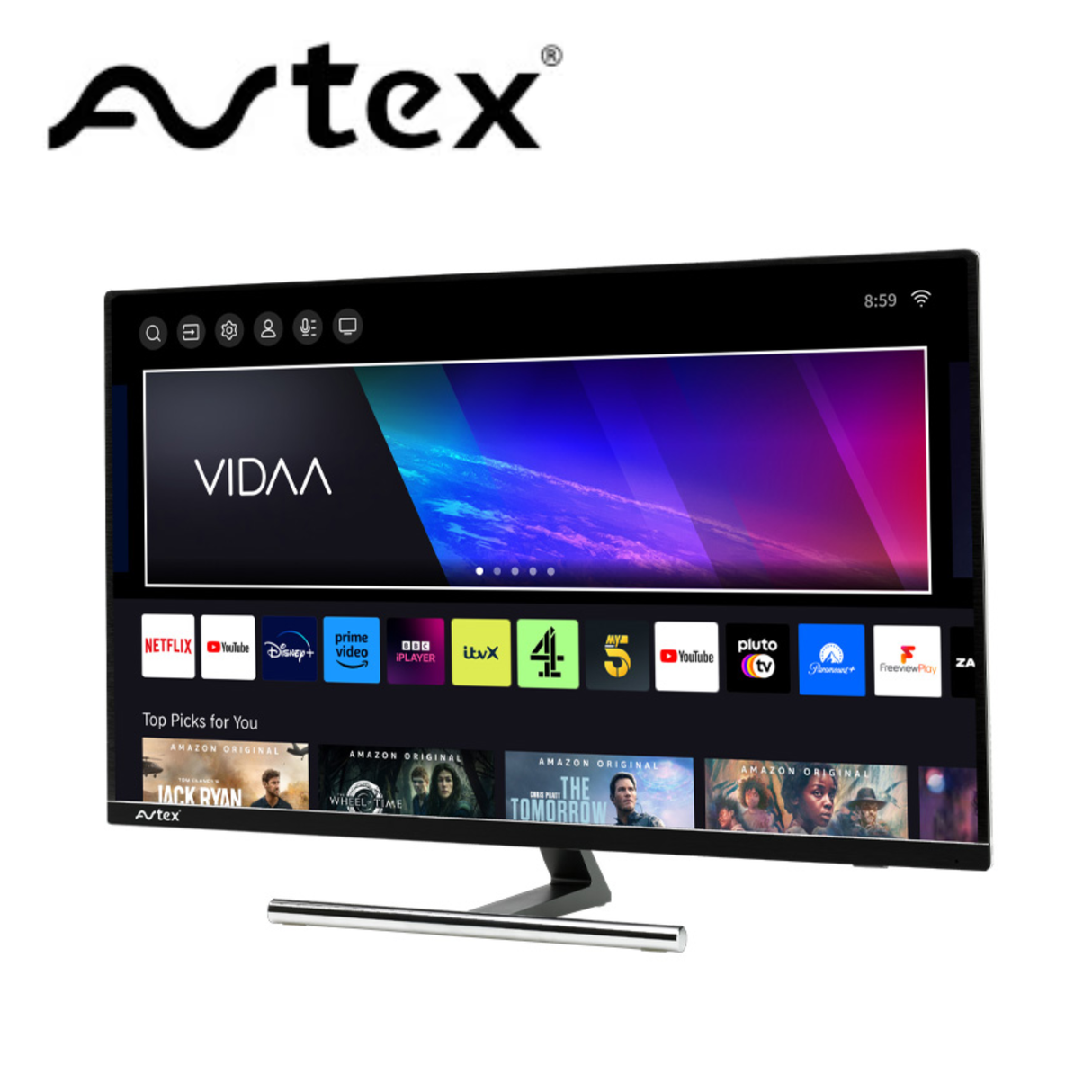 Avtex 27" Smart HD TV with sleek design and vibrant display, showcasing the screen and remote control.