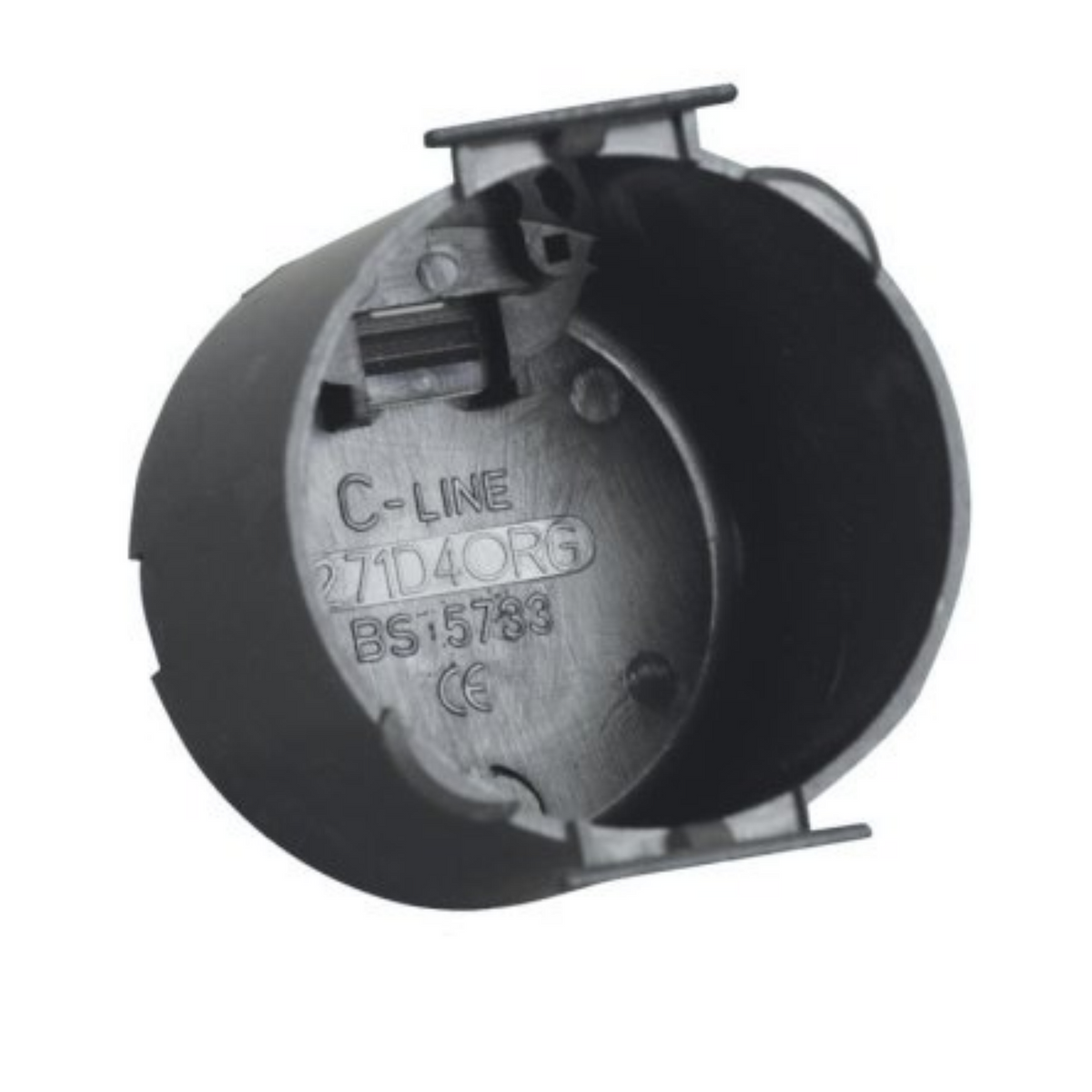 Powerpart C-Line Circular Back Box in dark grey, showing a close-up of the round electrical back box for wall installations.
