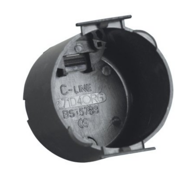 Powerpart C-Line Circular Back Box in dark grey, showing a close-up of the round electrical back box for wall installations.