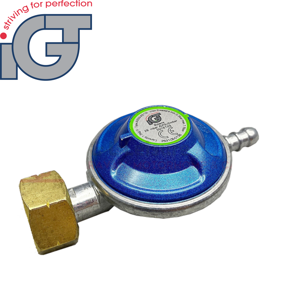 IGT butane screw-on regulator for controlling butane gas flow, shown with attached fittings and pressure gauge.
