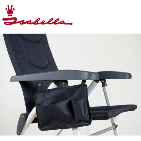 Blue Isabella chair side pocket hanging organizer for storing small items, attached to side of chair in dark grey, light grey, and blue.
