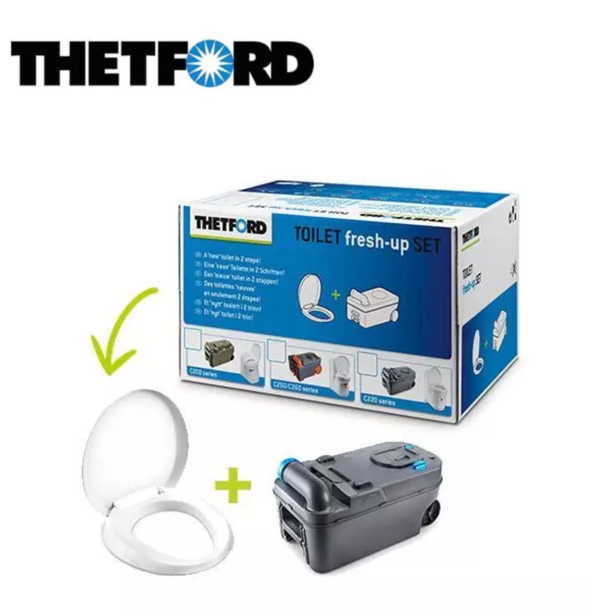 Thetford Fresh Up Set C220 Series with cleaning and deodorizing products for RV and camper toilet maintenance.