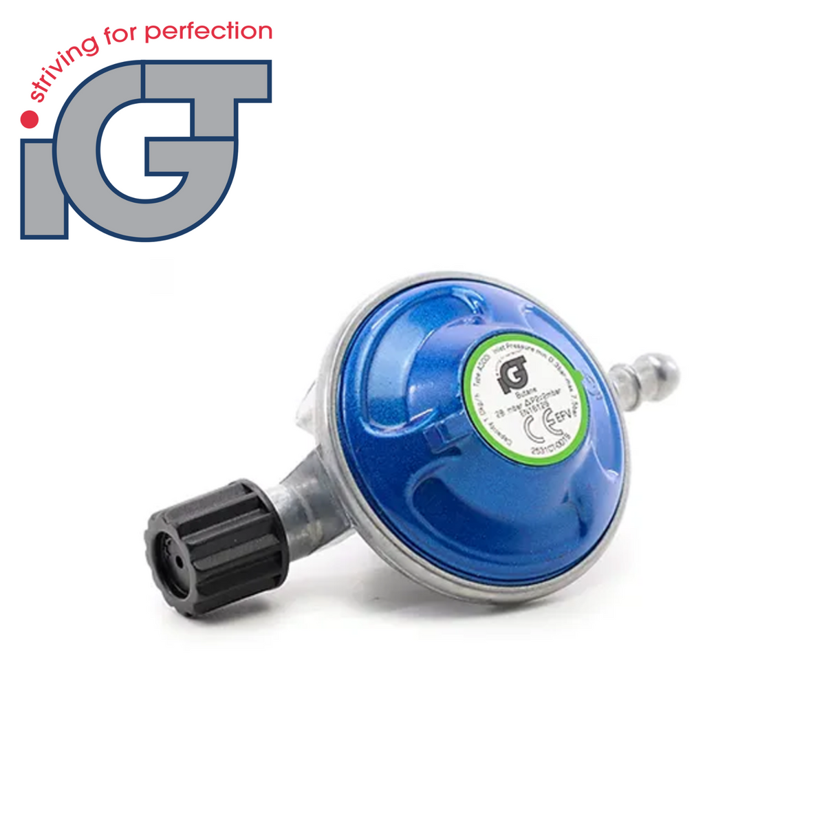 IGT screw-in regulator designed for Campingas cylinders, showcasing its durable construction and functional design.