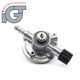 IGT screw-in regulator designed for Campingas cylinders, showcasing its compact design and connection points.