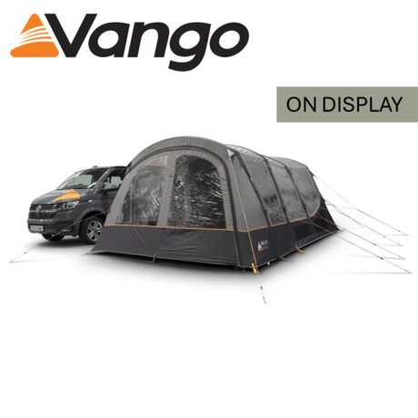 Vango Galli CC Air Low Driveaway Awning with spacious design and air beams set up next to a campervan in a scenic location.