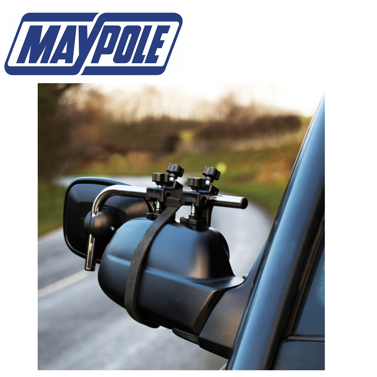 Maypole convex glass towing mirrors, model MP8329, showcasing a pair designed for caravans with a clear reflective surface.