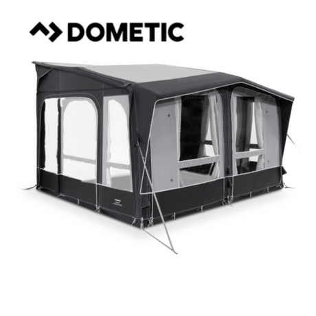 Dometic Club Air 390 All Season Awning set up, showcasing its spacious design and durable fabric in a campsite setting.
