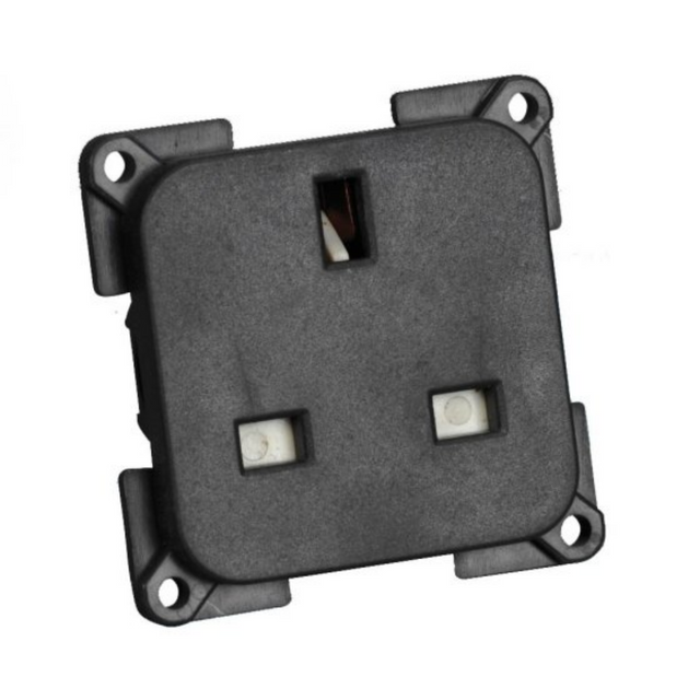 Grey Powerpart C-Line 13 Amp Socket with three prongs, mounted on a wall for electrical connection.