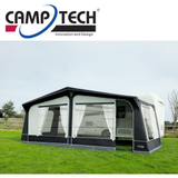 Camptech Cayman Full Awning attached to a camper, showcasing its durable fabric and spacious design for outdoor camping.