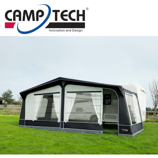 Camptech Cayman Full Awning attached to a camper, showcasing its durable fabric and spacious design for outdoor camping.