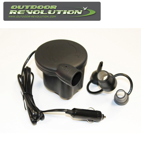 Outdoor Revolution 12V DC electric air pump with nozzle, designed for quick inflation of outdoor gear and equipment.
