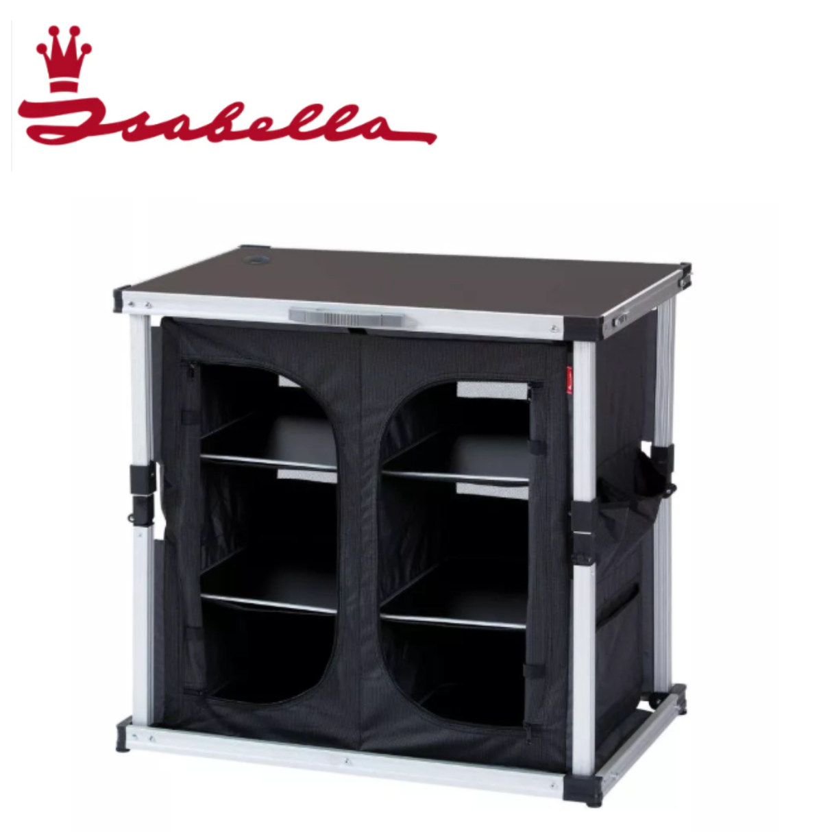 Isabella double cupboard with two doors and sleek wood finish, showcasing storage space and modern design.