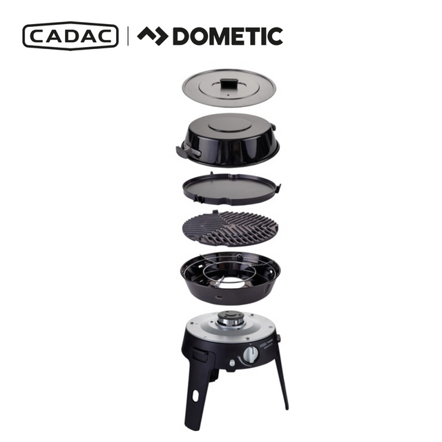 Cadac Dometic Safari Chef 30 LP Deluxe Pro gas BBQ with integrated QR, showcasing compact design and cooking features.