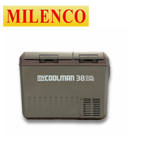 Milenco myCOOLMAN Dual Zone 38L fridge freezer showing exterior design and dual compartments for versatile cooling.