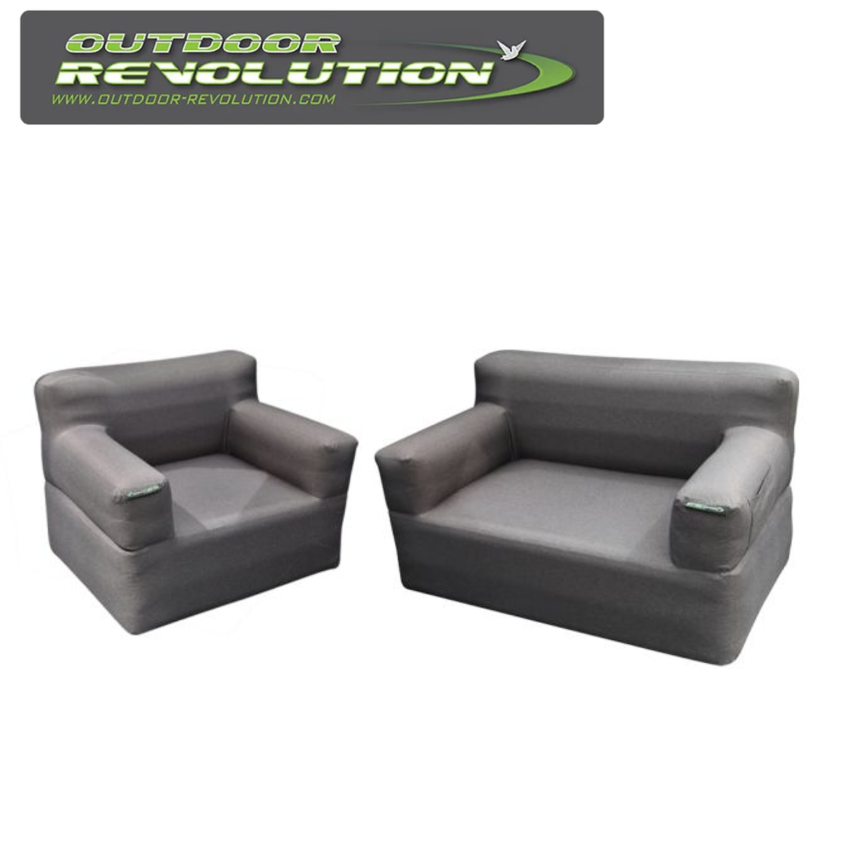 Outdoor Revolution CAMPESE DUO two-seat sofa and chair set in a cozy outdoor setting with cushions and armrests.