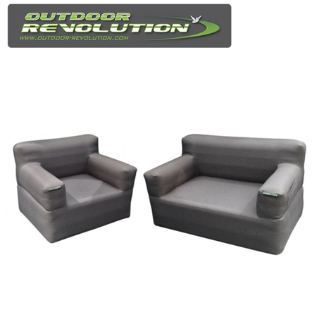 Outdoor Revolution CAMPESE DUO two-seat sofa and chair set in a cozy outdoor setting with cushions and armrests.