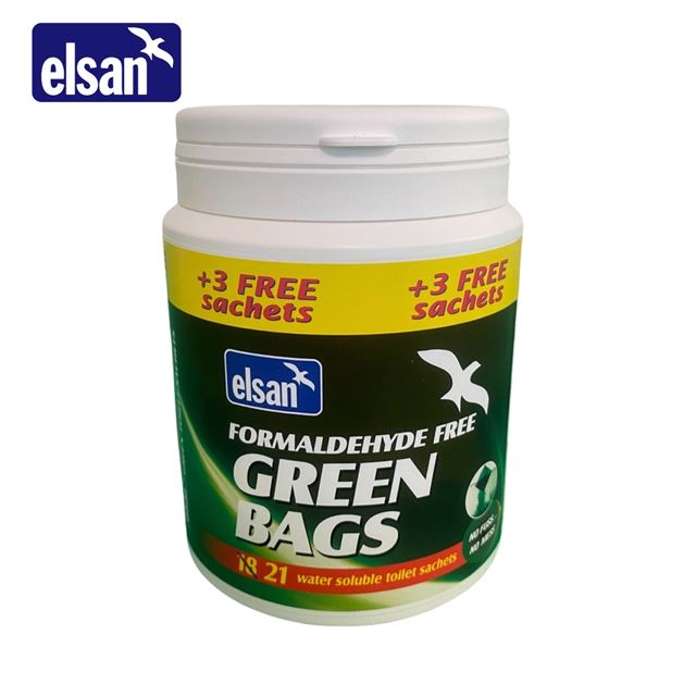 Elsan Green Bags Toilet Sachets in a green package, designed for effective toilet fluid use.