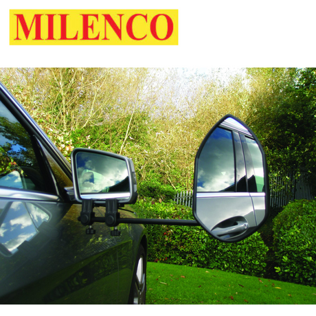 Milenco Falcon Mirror Twin Pack showing two adjustable towing mirrors for enhanced visibility while driving.