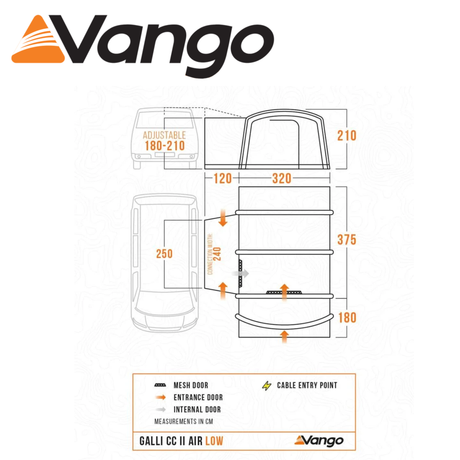 Vango Galli CC Air Low Driveaway Awning set up beside a campervan, showcasing its spacious interior and ventilation features.