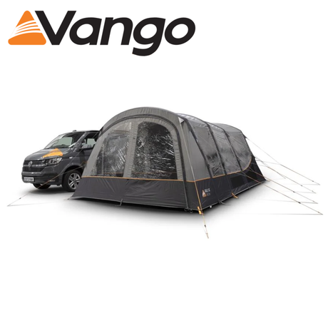 Vango Galli CC Air Low Driveaway Awning set up beside a camper van, featuring spacious design and weather-resistant fabric.