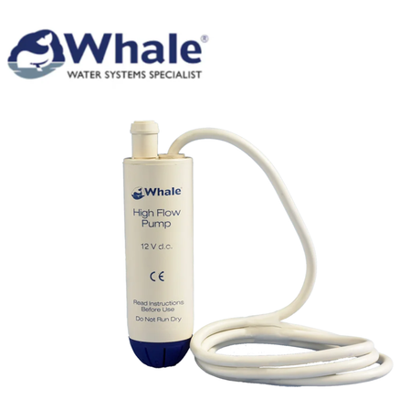 Whale high flow 16LPM 12V submersible pump GP1652 submerged in water, showing compact design and inlet filter.