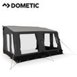 Dometic Grande AIR Stay 390 S porch awning extended on a camper, showcasing its fabric and frame setup for outdoor shade and shelter.