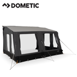 Dometic Grande AIR Stay 390 S porch awning extended on a camper, showcasing its fabric and frame setup for outdoor shade and shelter.