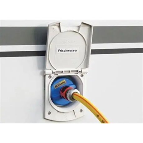 Hoeswater motorhome water filler connection, durable plastic fitting for easy water tank filling in RVs and motorhomes.