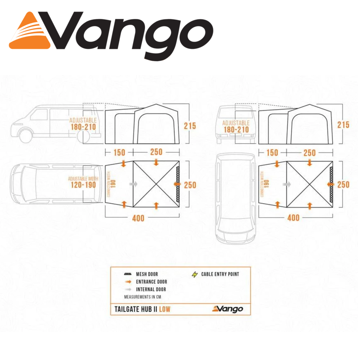 Vango Tailgate Hub II Low Poled set up in a campsite, showcasing its spacious interior and sturdy pole structure.