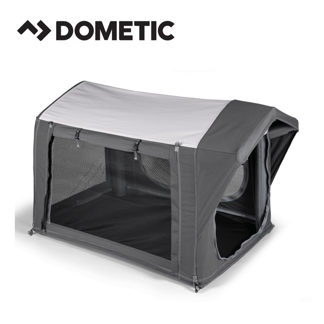 Dometic K9 80 Air awning displayed in a bright outdoor setting, showcasing its durable fabric and sturdy frame.