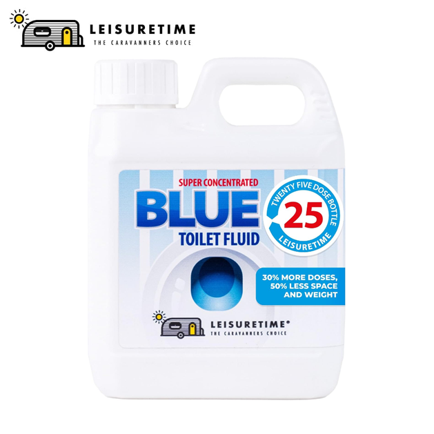 Leisuretime blue toilet fluid in a bottle, designed for effective waste treatment and odor control in portable toilets.