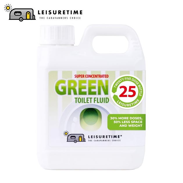 Leisuretime Green Toilet Fluid bottle with green liquid, designed for effective waste treatment in portable toilets.