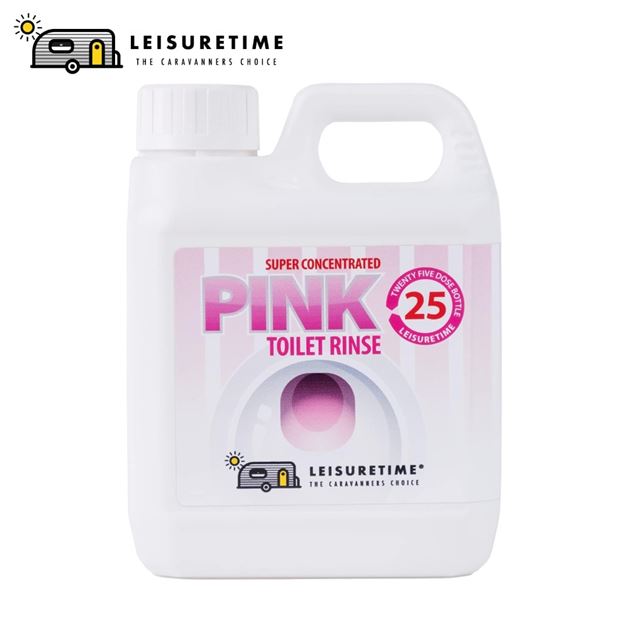 Leisuretime Pink Toilet Rinse bottle, featuring a bright pink liquid and clear labeling for toilet fluid use.