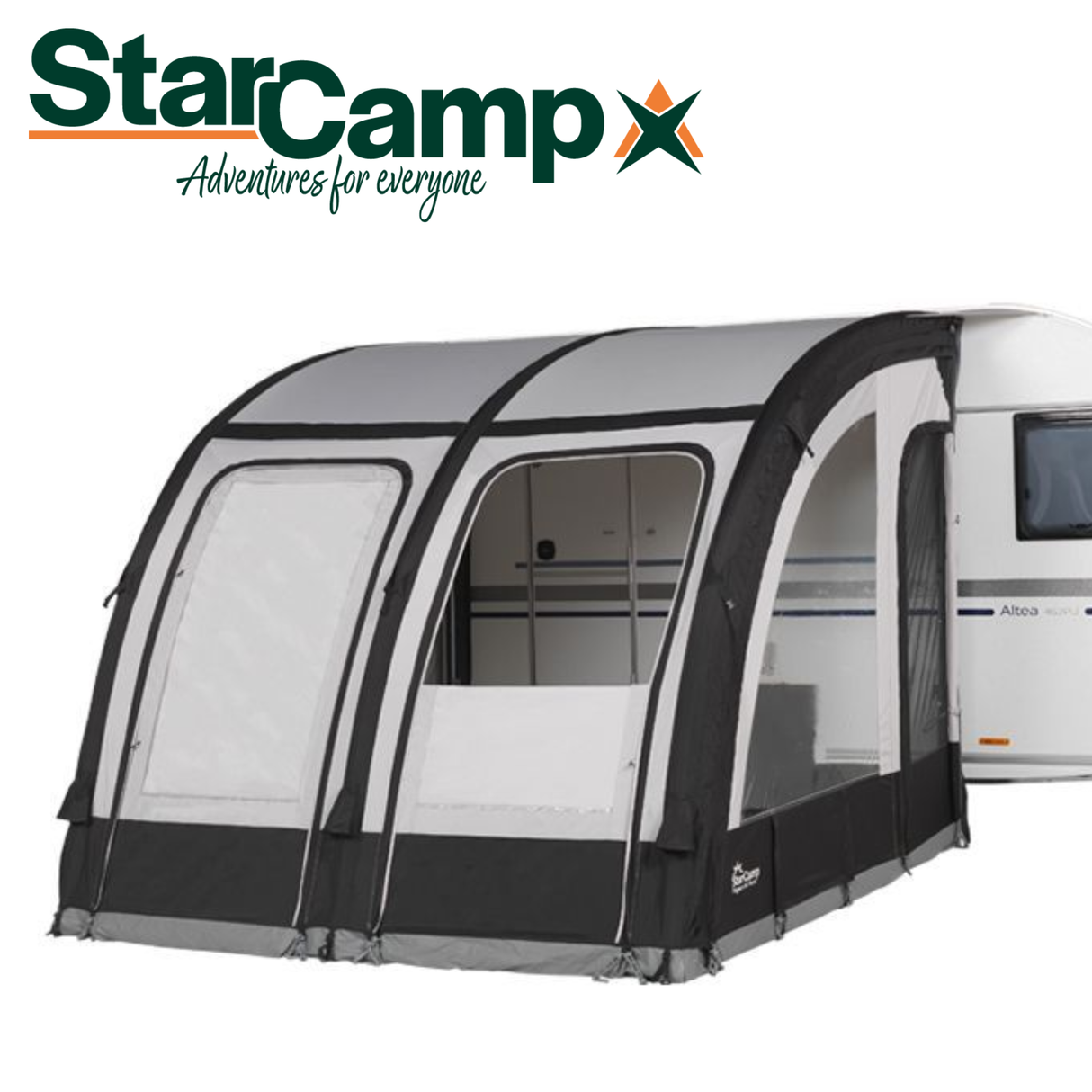 Dorema StarCamp Magnum AirForce Klimatex 260 air porch awning displayed in a campsite setting with a clear sky.