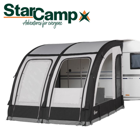 Dorema StarCamp Magnum AirForce Klimatex 260 air porch awning displayed in a campsite setting with a clear sky.