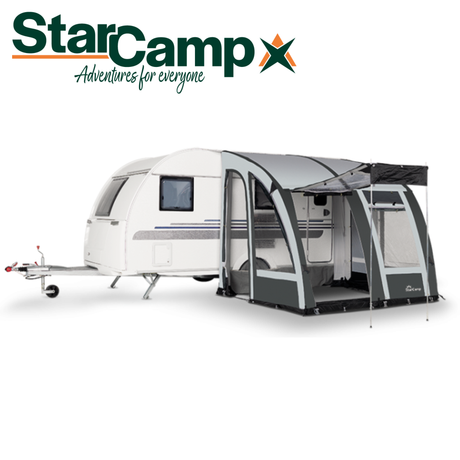 Dorema StarCamp Magnum AirForce Klimatex 260 air porch awning set up outside, showcasing its spacious design and fabric texture.