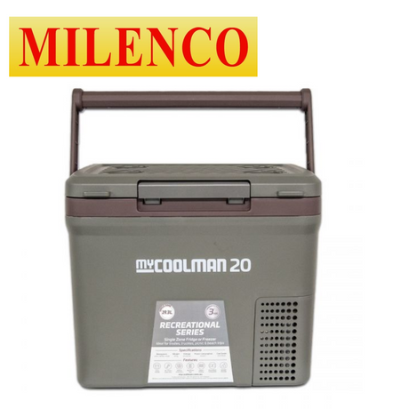 Milenco myCOOLMAN 20L fridge/freezer with a sleek design, ideal for outdoor recreation and camping.