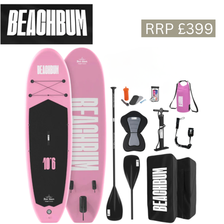 BeachBum paddle board bundle with a sky blue and pink Malibu paddle board on calm water, ready for beach and water adventures.