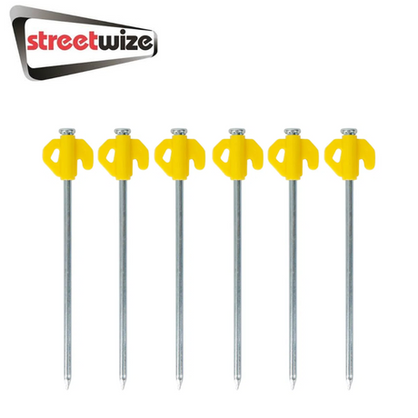 Streetwize 21 pcs hard ground pegs with ground hook puller, showcasing durable metal pegs and a sturdy puller tool.