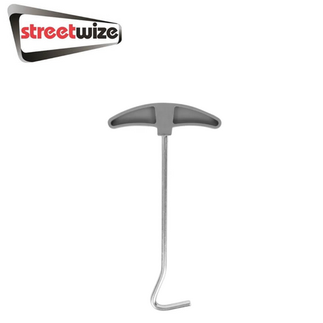 Streetwize 21 pcs hard ground pegs with ground hook puller, showcasing sturdy pegs and puller tool on a neutral background.