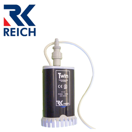 Reich twin submersible pump with a flow rate of 19l/m and pressure of 1.4bar against a neutral background.