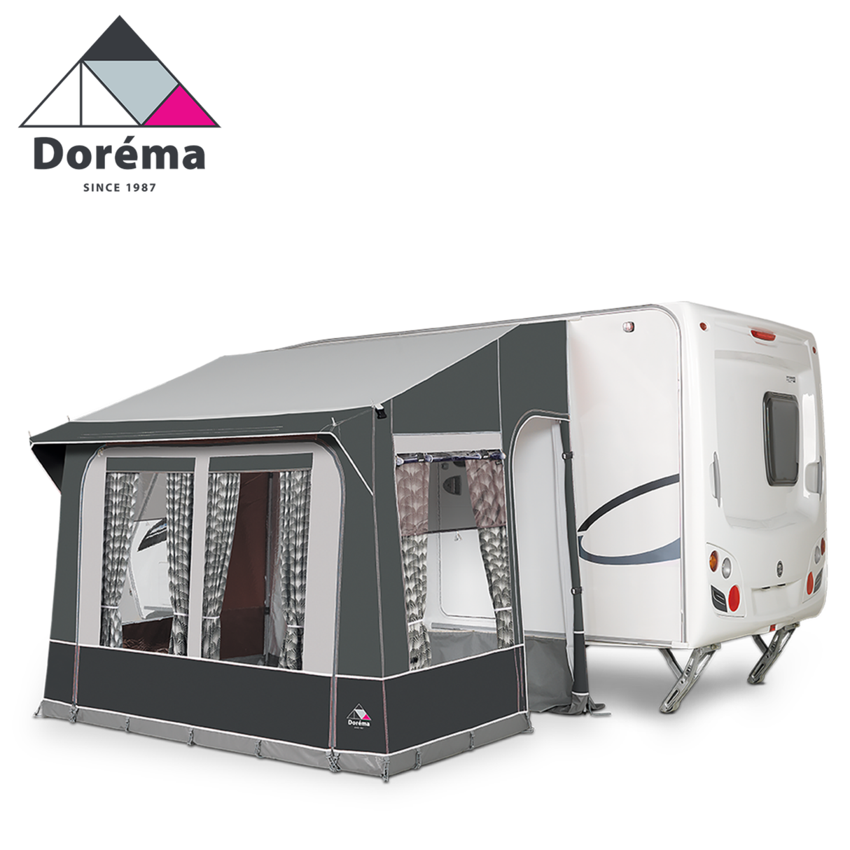 Dorema Quattro 275 porch awning with a sturdy 25mm steel frame, set up in a sunny outdoor space.