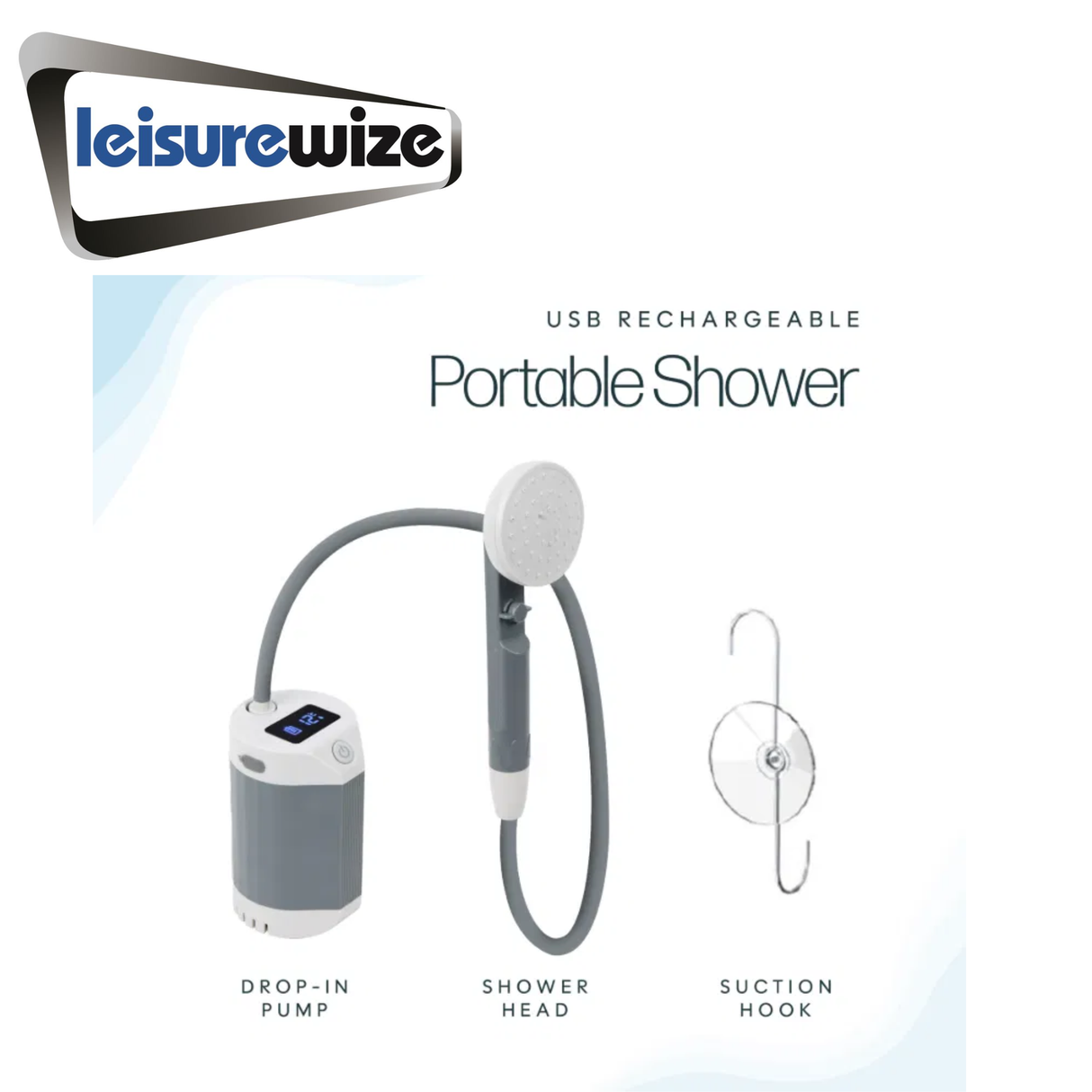 LeisureWize rechargeable portable shower with handheld design and water spray, ideal for camping and outdoor use.