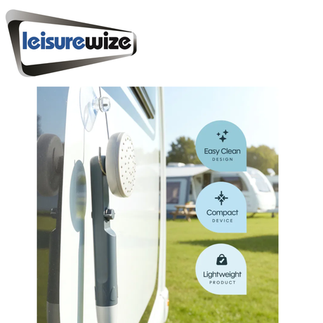 LeisureWize rechargeable portable shower with handheld spray and water reservoir for outdoor camping and travel use.