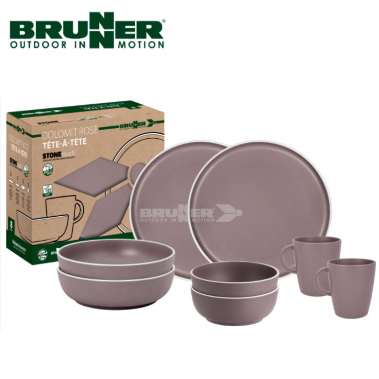 Brunner Tete-A-Tete Dolomit Rose 8-piece melamine dinnerware set with rose flower design on white background.