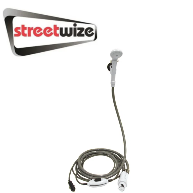 Streetwize 12V portable shower with flexible hose and handheld spray for outdoor camping or travel use.