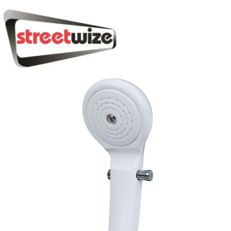 Streetwize 12V portable shower with handheld spray and flexible hose, ideal for outdoor and camping use.