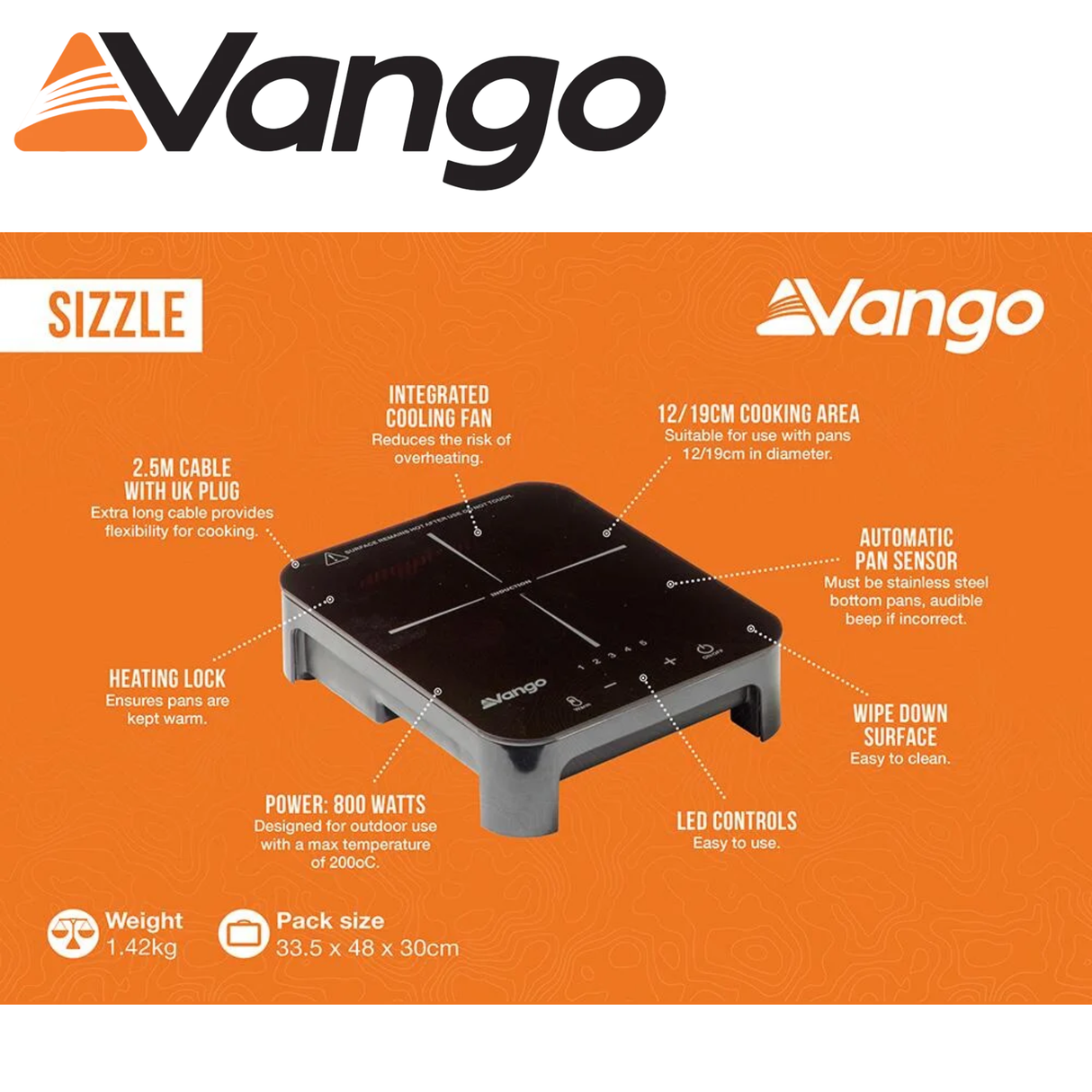 Vango Sizzle single induction hob with sleek design and control panel, ideal for efficient cooking in compact spaces.