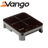 Vango Sizzle Single Induction Hob with a sleek design, featuring a smooth cooking surface and control knobs.